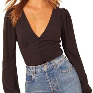 Reformation Nell Crepe Puff Sleeve V Neck Long Sleeve Black Size Small